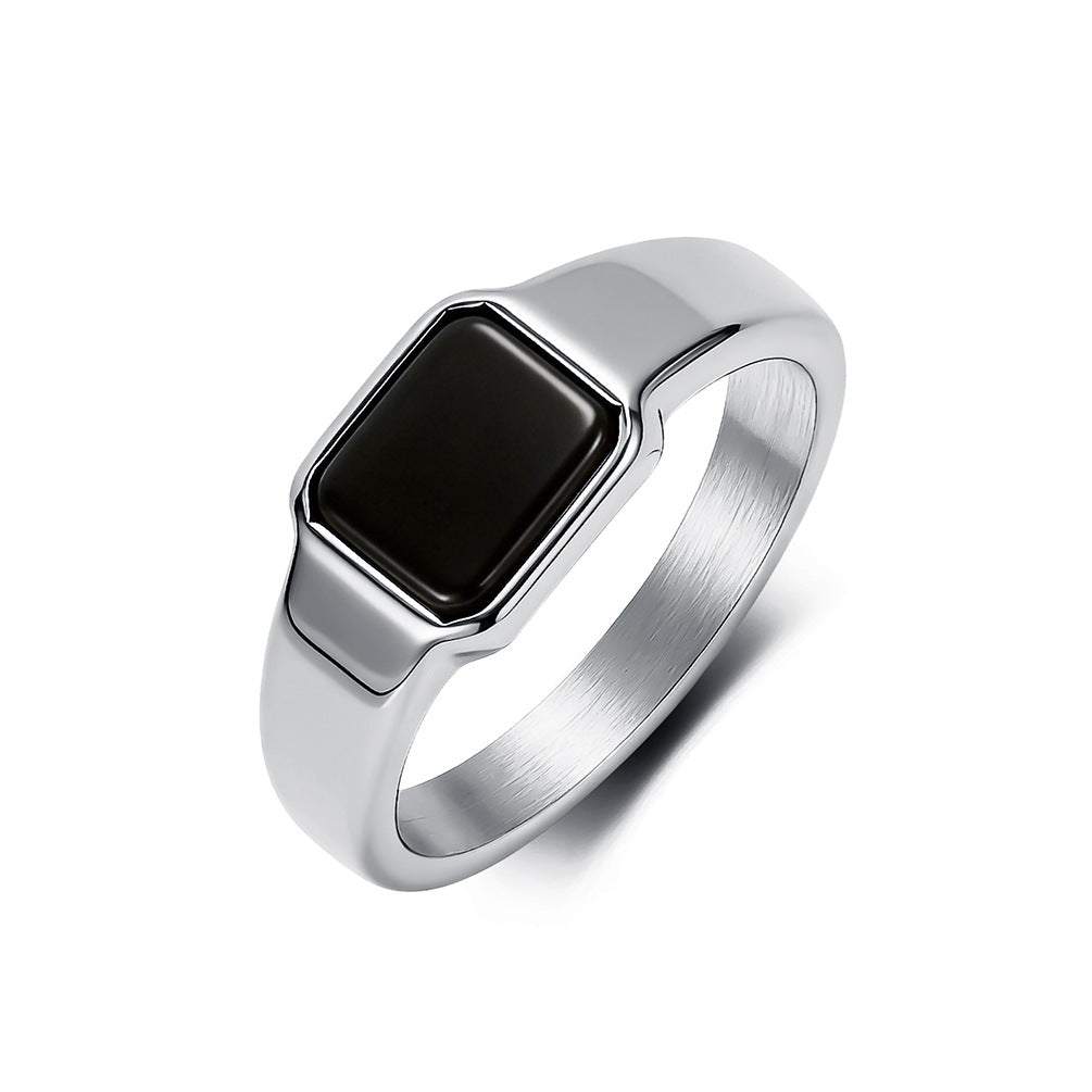 Black Gemstone Geometric Stainless Steel Ring