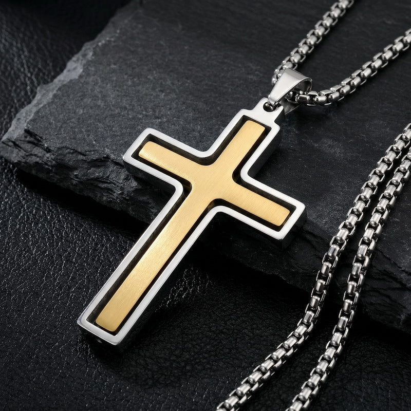 Popular Japanese And Korean Retro Rotatable Cross Two-Color Stainless Steel Men's Pendant Necklace