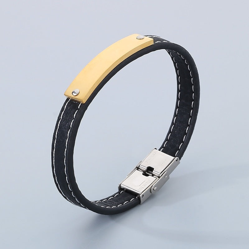 Stainless Steel Curved Bar Men's Bracelet – Business Leather Bracelet