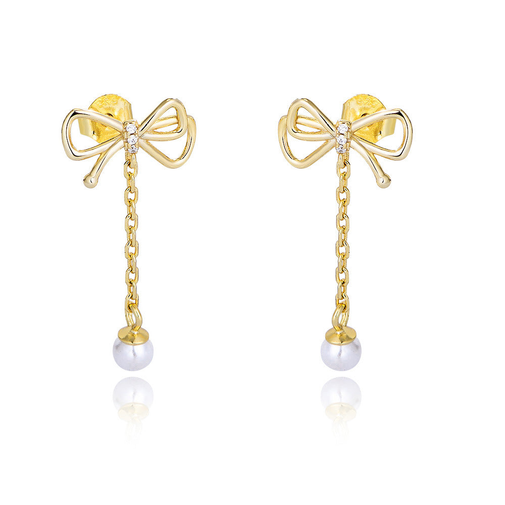 Super Fairy Tassel Bow Pearl Earrings Femininity Sterling Silver Earrings