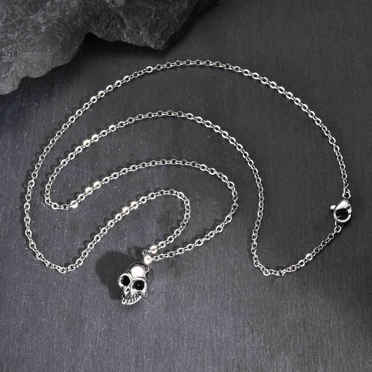 Stainless Steel Flat Cross Chain Skull Head Pendant Necklace