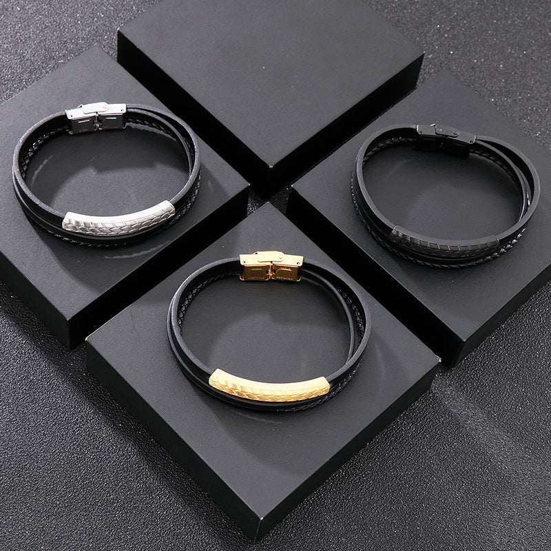 Planderful Mens Woven Leather Bracelet Geometric Retro