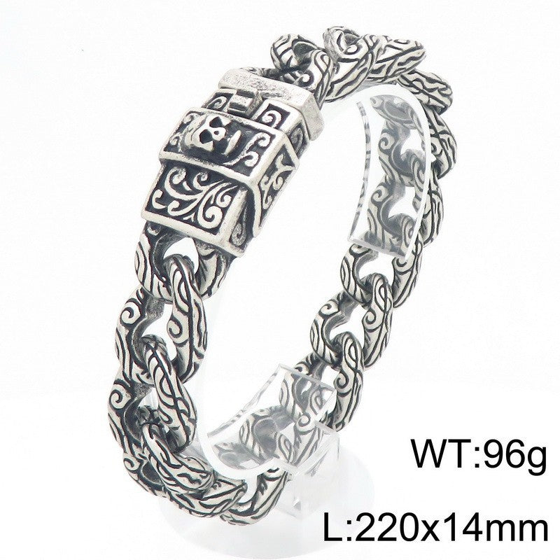 Dark Flower Pattern – Smearing Skull Buckle Cuban Chain Titanium Bracelet