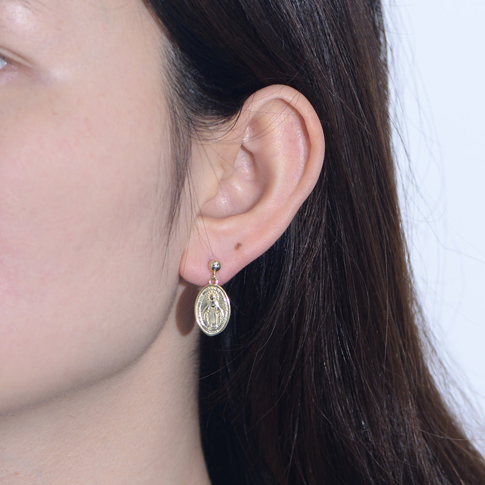 French Retro Oval Relief Stud Earrings Virgin Mary Relief Portrait Sterling Silver Earrings