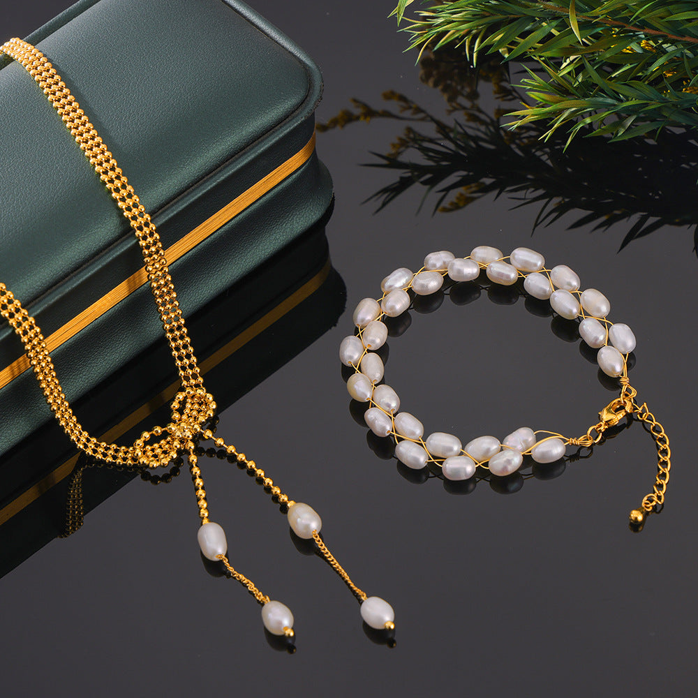 Elegant Multi-Layer Freshwater Pearl and Copper Jewelry Set