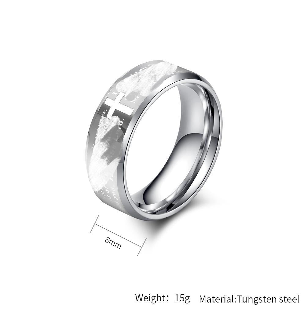 Tungsten Carbide Laser Cross Scripture Ring Men's Tungsten Gold Scratch