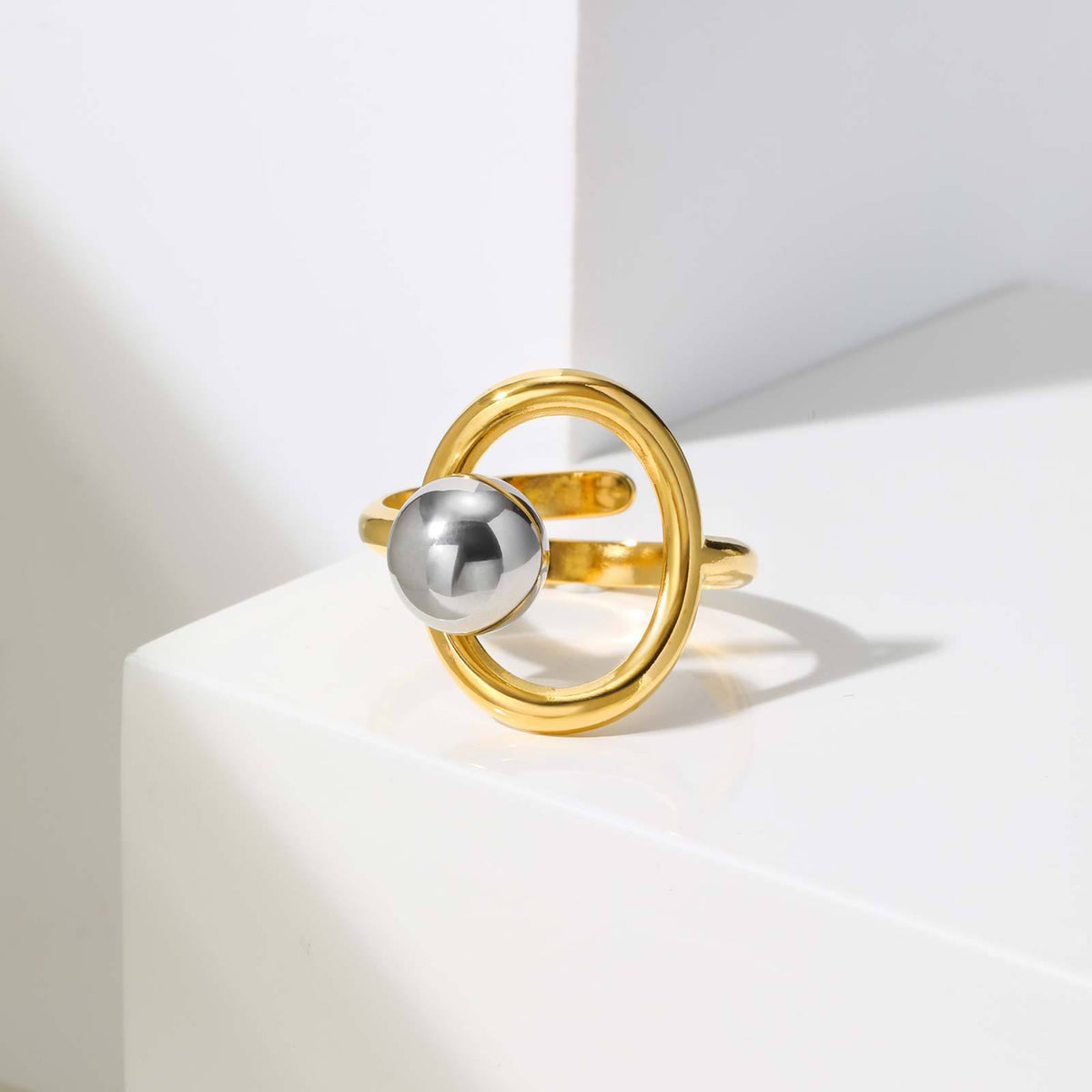 Stainless Steel Irregular Line Steel Ball Open Ring Gold