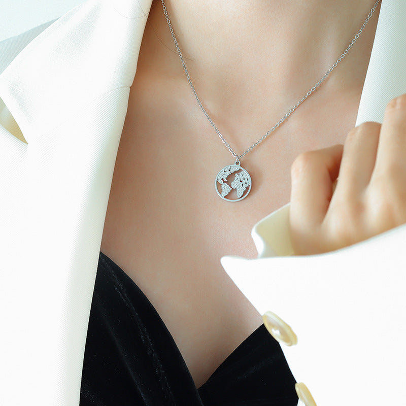 French Elegance Jewelry Set with Zircon Map Necklace, Rose Gold Finish - Ideal for Valentine's Day Gift