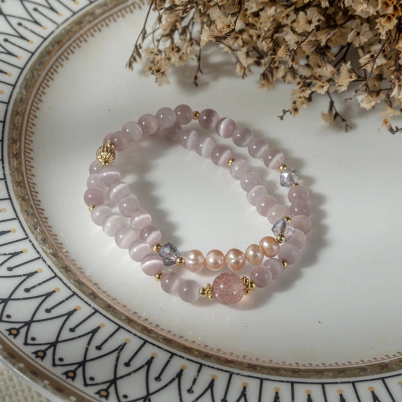 Strawberry Quartz Pearl Crystal Double-Wrap Bracelet