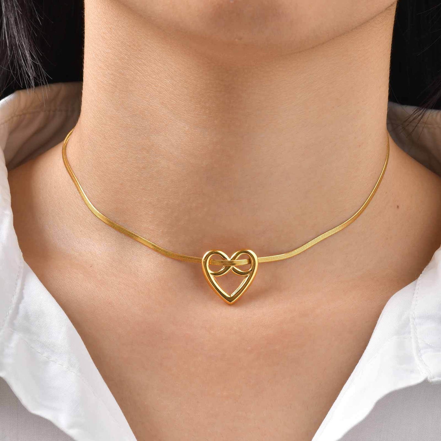 Stainless Steel Twisted Love Infinity Heart-Shaped Infinite Neck Chain Necklace Gold