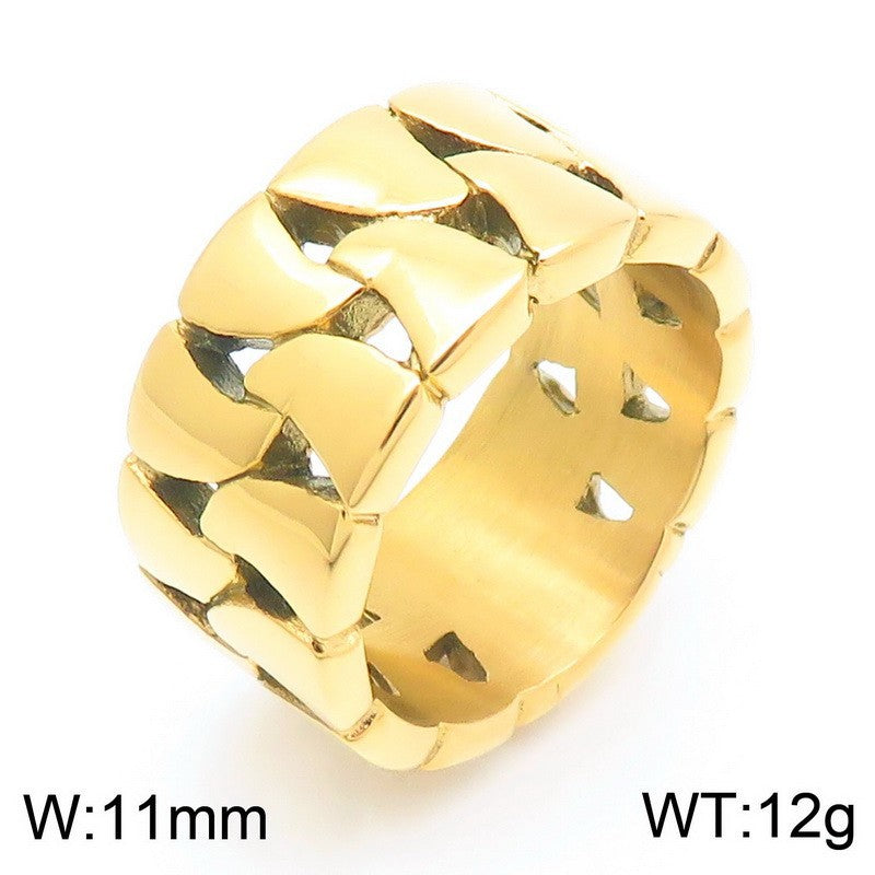 Planderful Mens Hollow Ring 18K Gold Titanium Cuban Chain