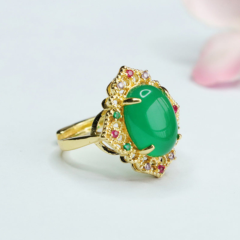 Green Chalcedony Gemstone Ring with Red Agate and Zircon in Palace Style
