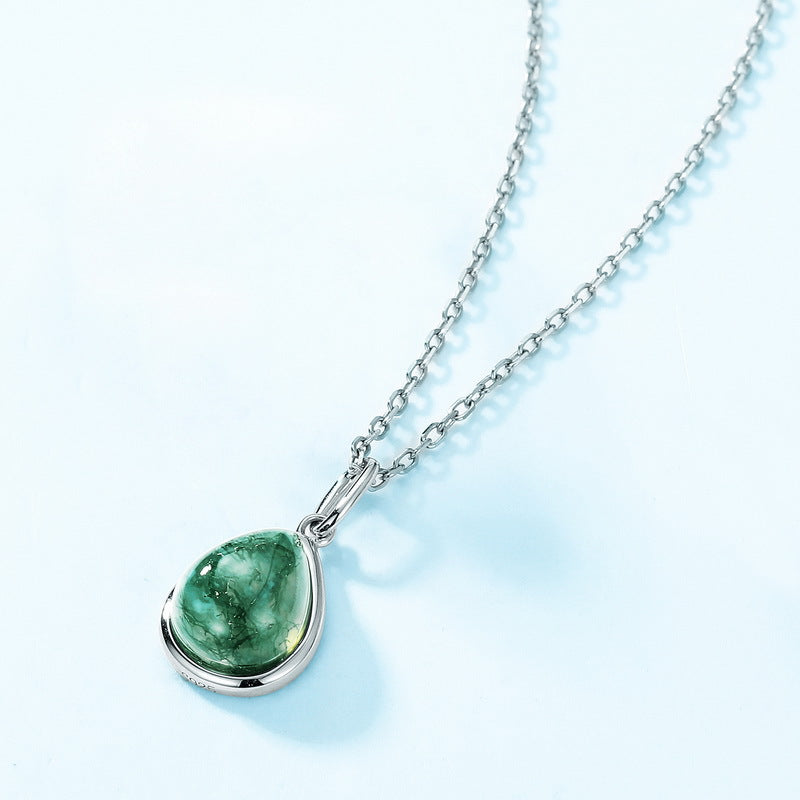 S925 Sterling Silver Moss Agate Teardrop Pendant Necklace