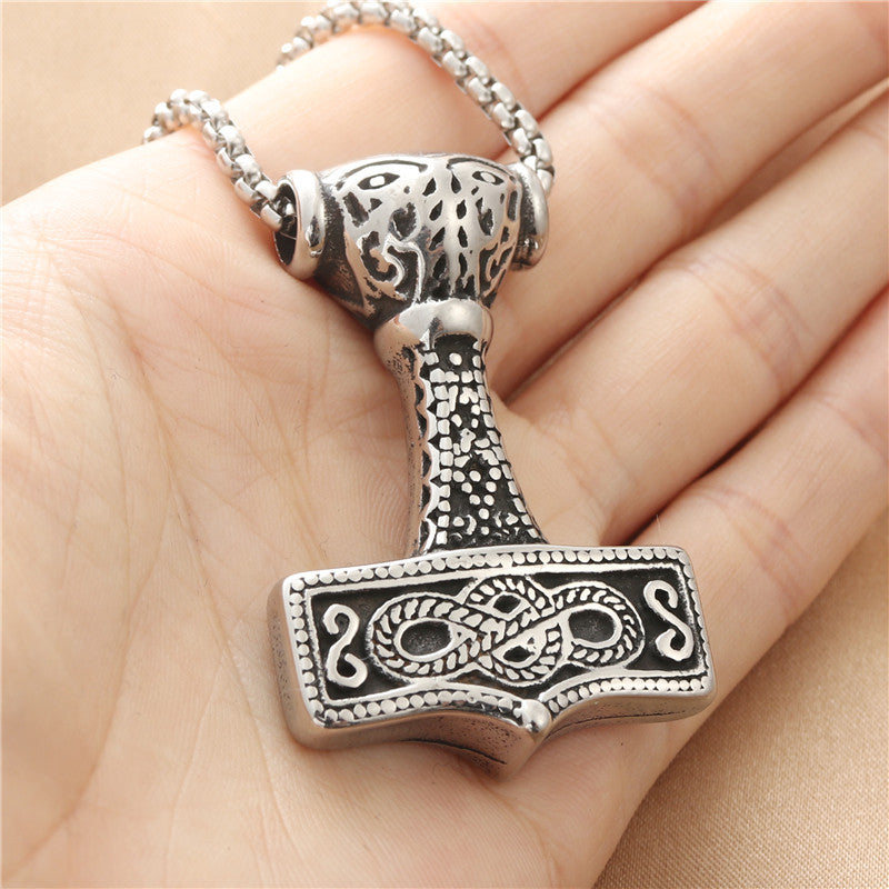 Titanium Steel Viking Hammer Pendant Necklace - Personalized Retro Punk Design for Men