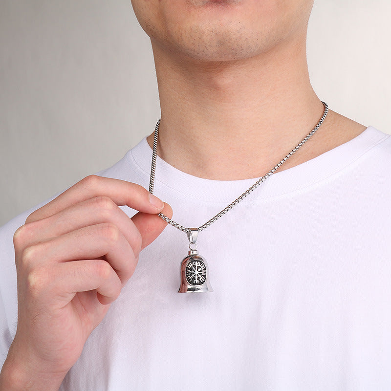 Viking Triangle Charm Locomotive Hanging Bells, Vintage Masonic Cross Angel Wings Bells Titanium Necklace