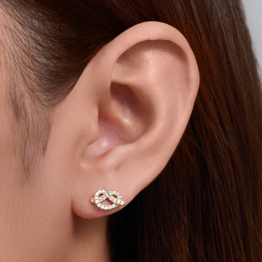 S925 Silver Knotted Rope Knot Geometric Zircon Stud Earrings Design Mini Earrings