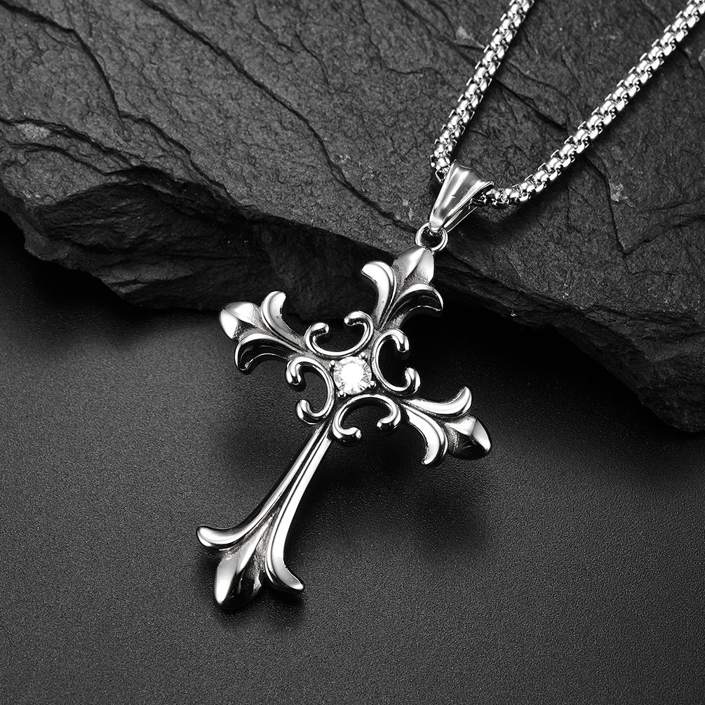 Gothic Retro Cross With Zircon Titanium Steel Pendant Necklace