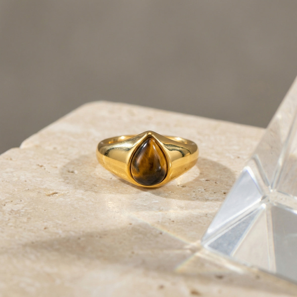 Stainless Steel Water Drop Natural Tiger's Eye Stone Oval Heart-Shaped Dongling Jade Ring