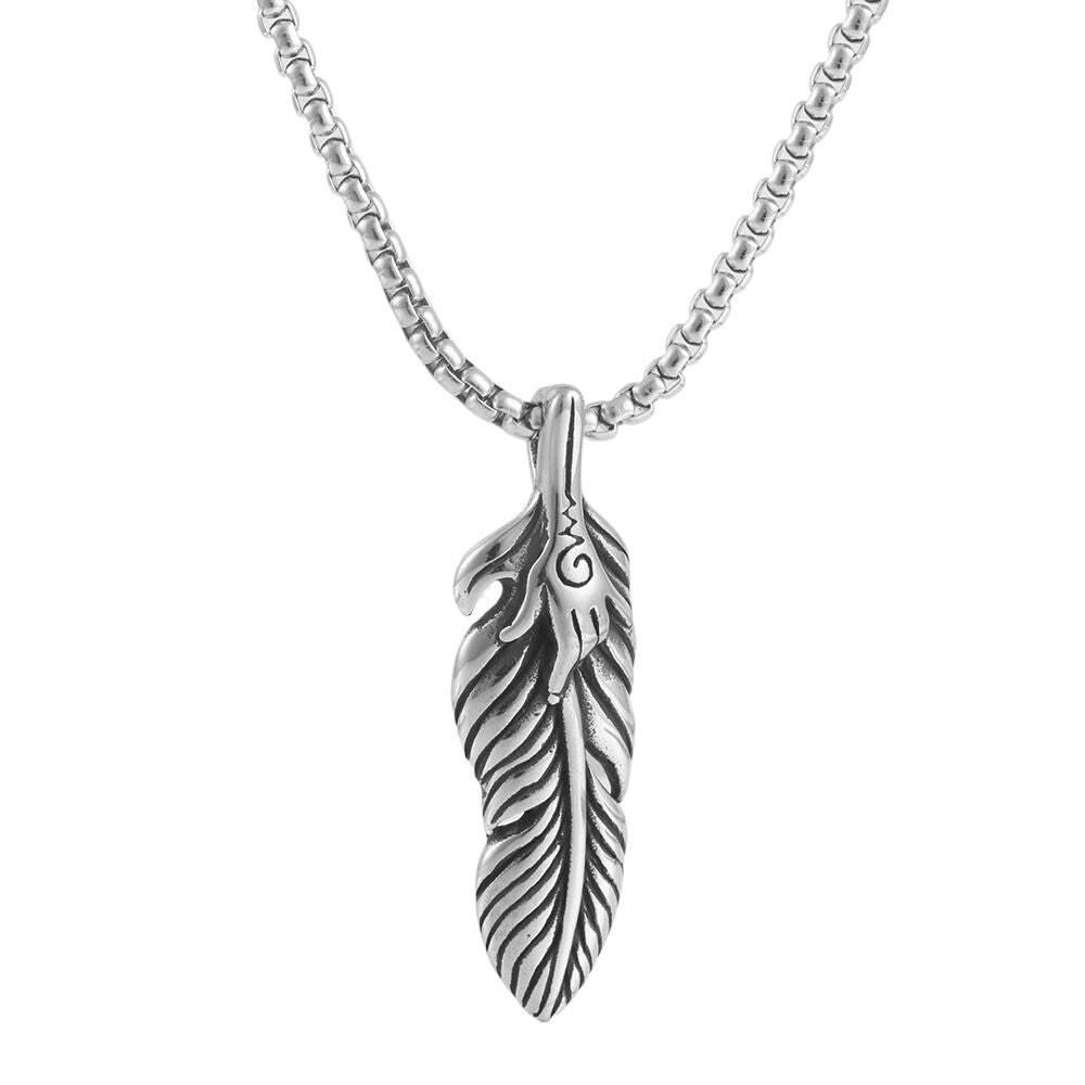 European And American Stainless Steel Feather Pendant Necklace