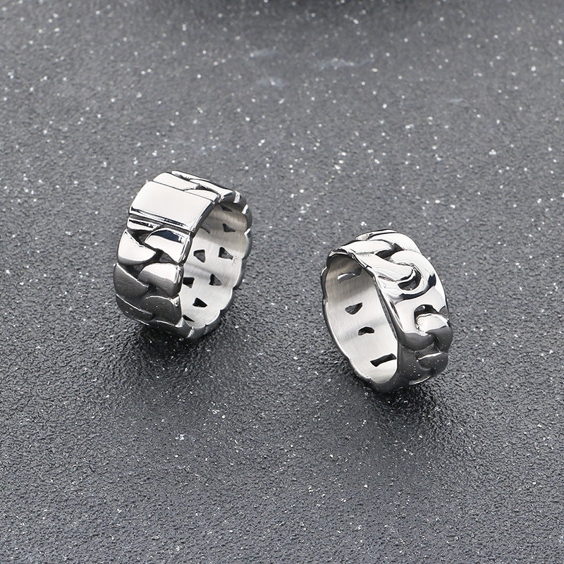 Planderful Mens Hollow Ring 18K Gold Titanium Cuban Chain