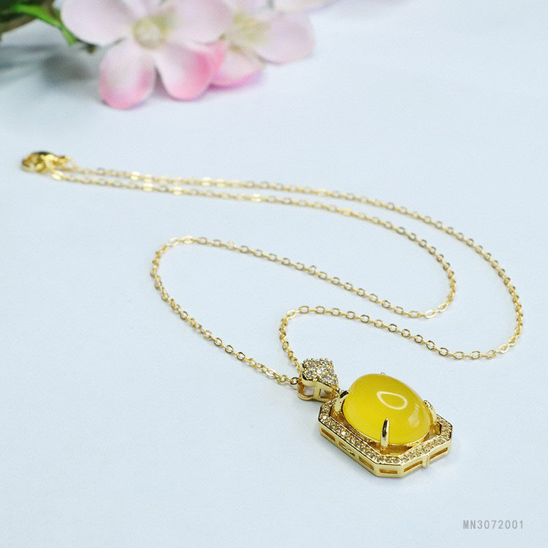 Yellow Chalcedony Oval Plaque Pendant — No Chain