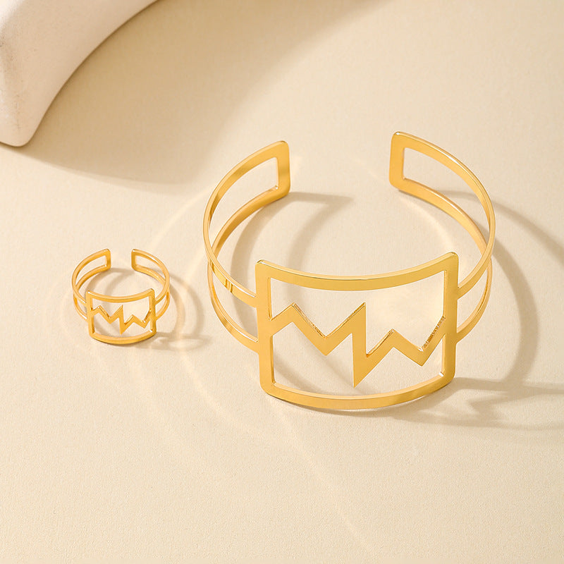 Versatile Metal Electrocardiogram Ring Bracelet Set for Women