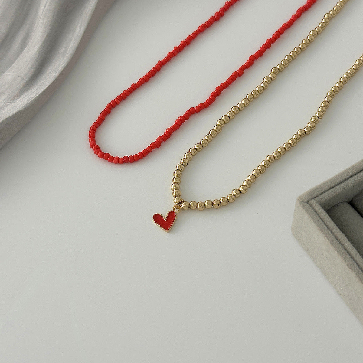 Heart & Rice Bead Layered Necklace