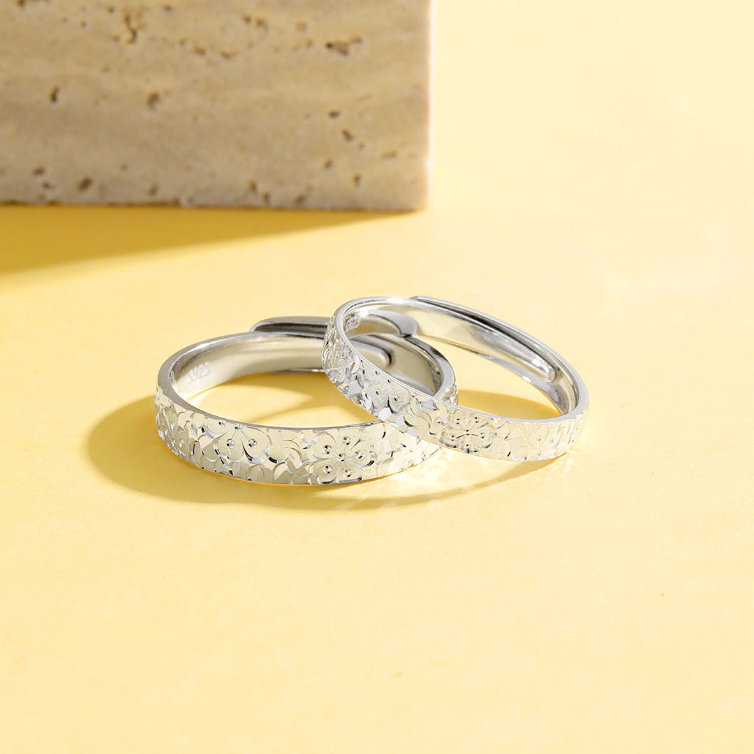 Planderful Everyday Genie – Popular Cherry Blossom Crushed Ice Couple Ring Sterling Silver Light Luxury