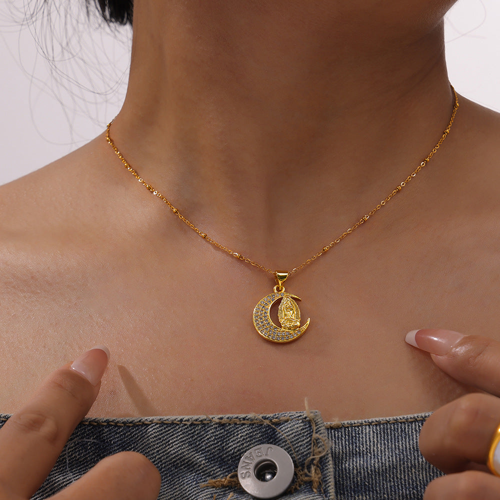 Moon Bear Pendant Gold-Plated Necklace with Zircon Bead Chain - Stylish European American Jewelry