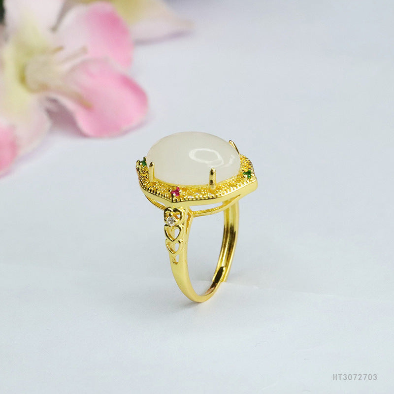 White Hetian Jade Cabochon Ring