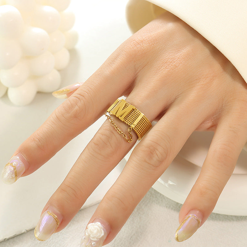 Extravagant Mesh Belt Fringed Chain Ring with Titanium Steel and Gold Accent