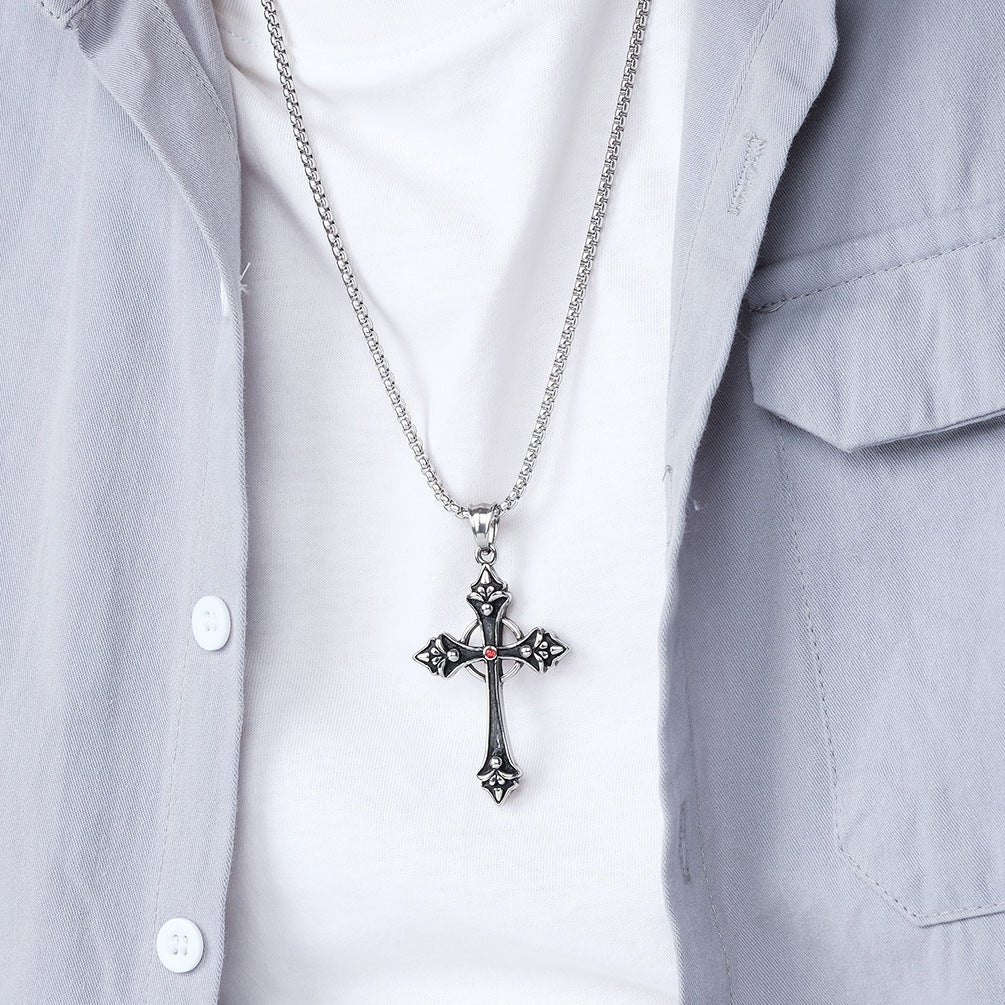 Planderful Titanium Steel Cross Pendant Necklace With Zircon Inlay For Unisex Gothic Style And Everyday Wear