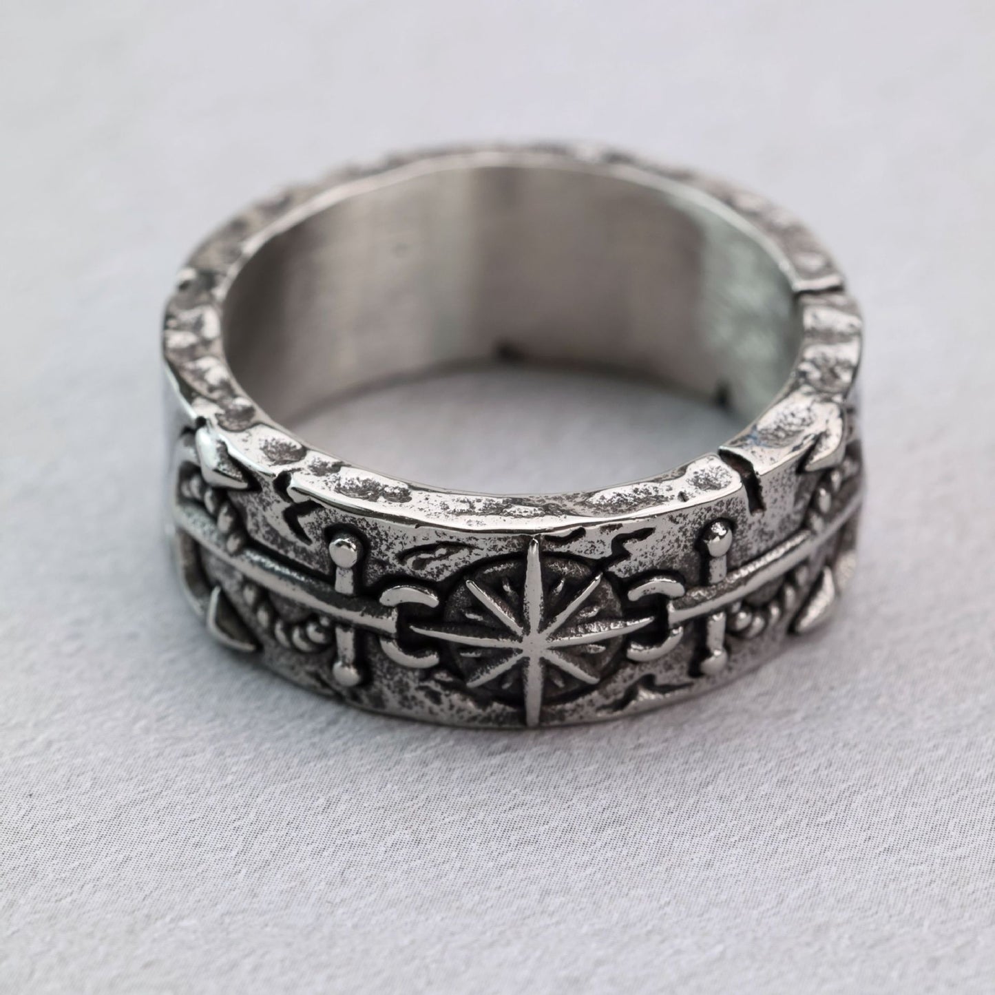 Planderful Titanium Steel Hexagram Anchor Ring For Men Trendy Punk Sailor Style Sun Ray Design