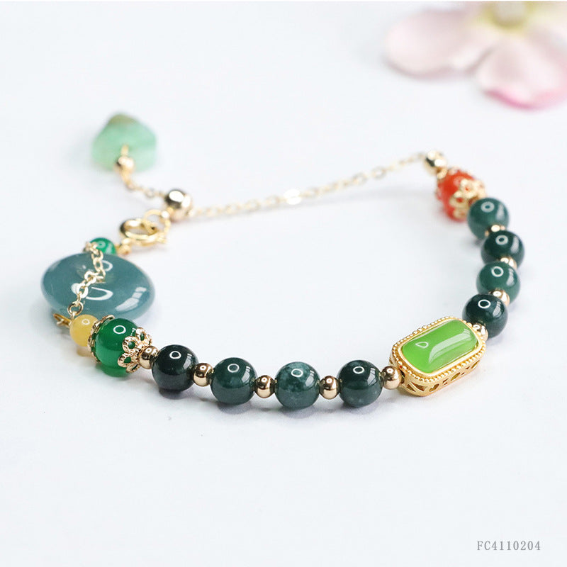 Blue Water Jadeite Peace Buckle & Round Bead 5~6 mm Bracelet
