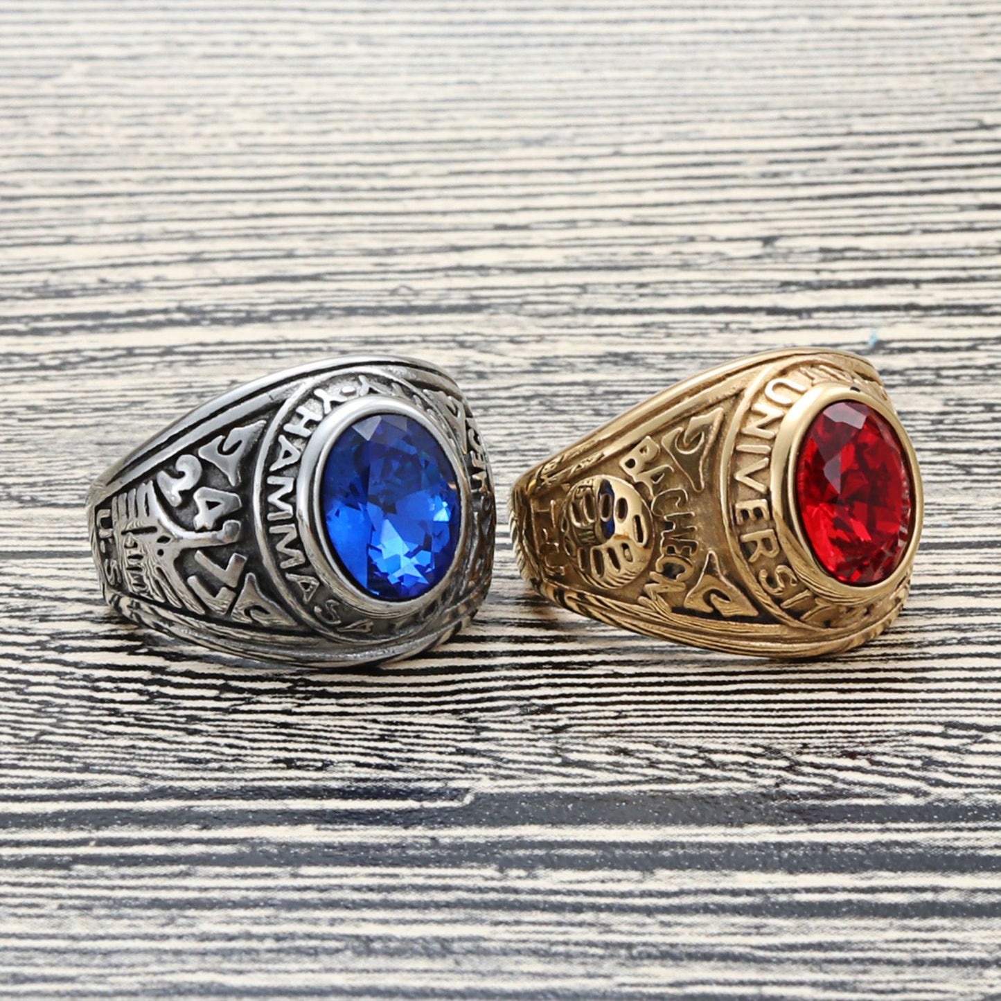 Titanium Steel Multi-Color Gemstone Ring for Men - Retro Punk Style with Letter Design