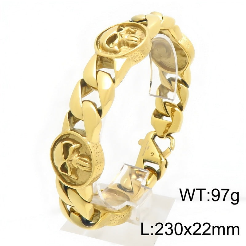 Dark Old 22mm Wide Cuban Chain Layered Skull Round Plate Stainless Steel Bracelet