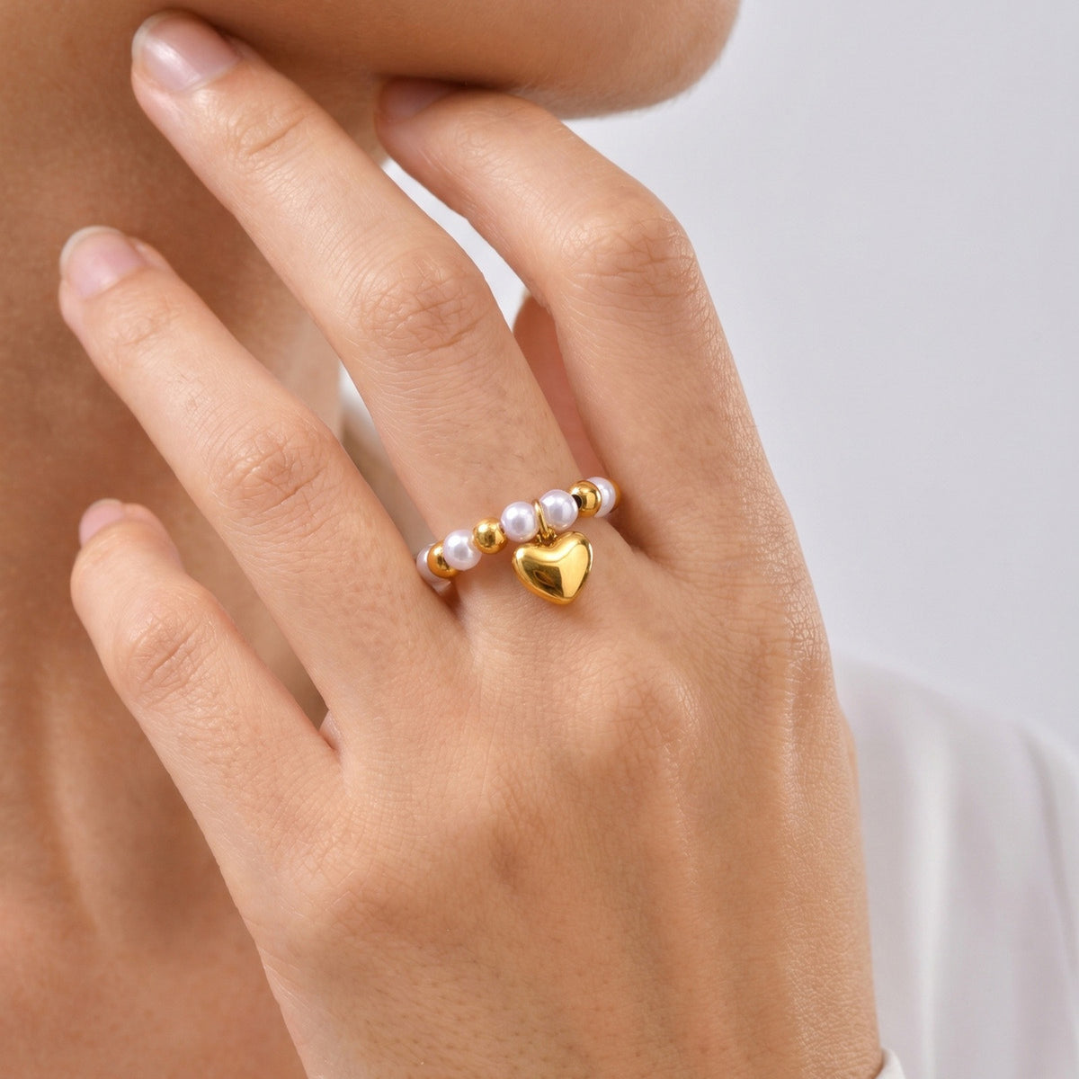 Stainless Steel Daily High-Gloss Heart-Shaped Imitation Pearl Steel Ball Ring Women's