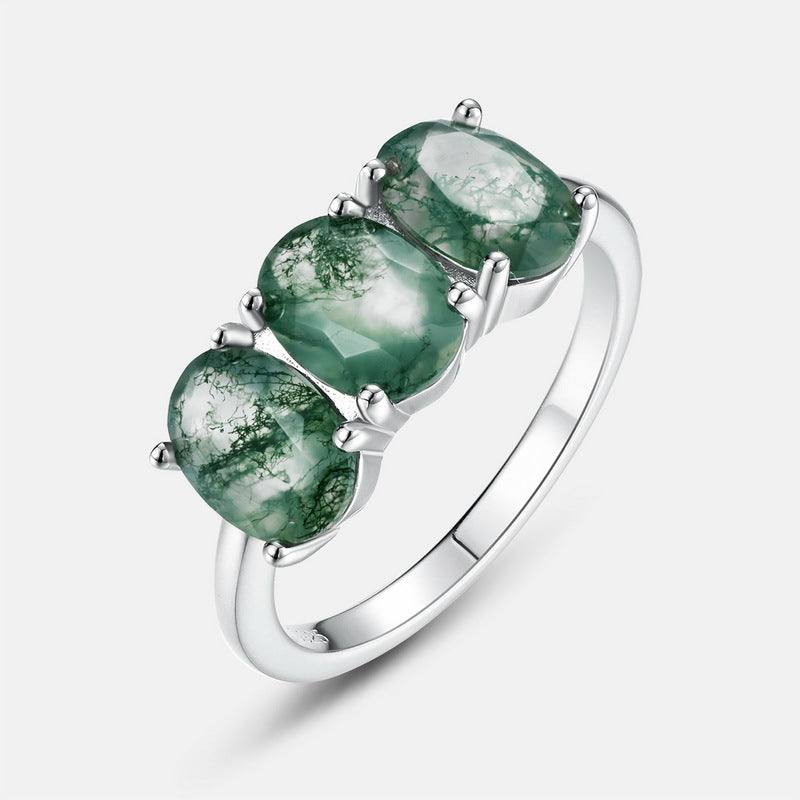 Planderful Jewelry Three Oval Green Moss Agate Ring in Sterling Silver Light Luxury Design