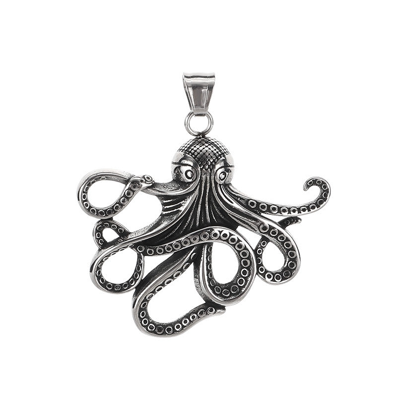 Popular Marine Life Octopus Pendant, Punk Style Old Smear Hollow Fish Bone Titanium Necklace