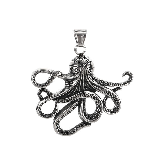 Popular Marine Life Octopus Pendant, Punk Style Old Smear Hollow Fish Bone Titanium Necklace