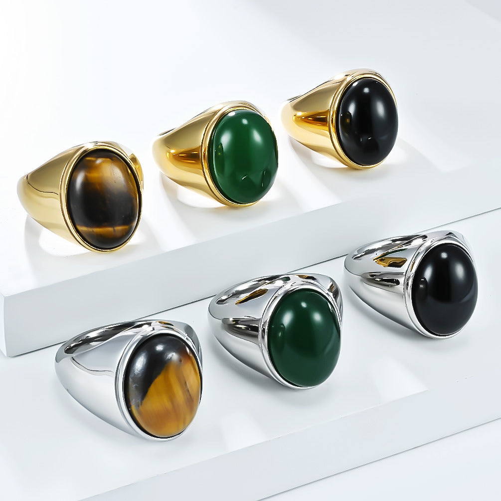 Planderful Men's Tiger's Eye Ring With Smooth Egg Shaped Stone Titanium Steel Jewelry For Everyday Style