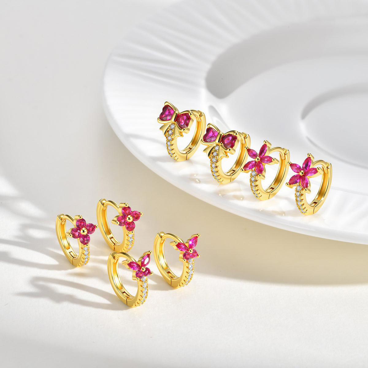 Floral Cat Zircon Earrings — Four Designs, Five Stone Colors