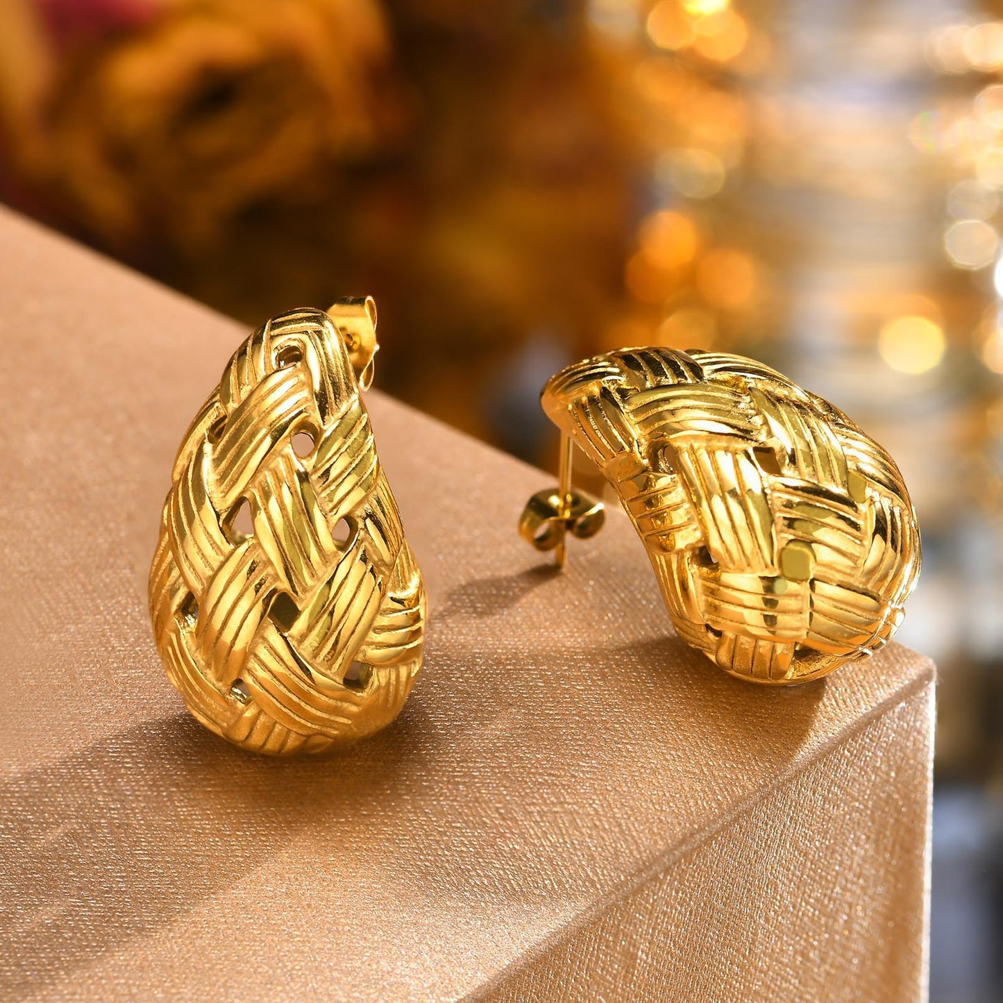 Earrings Stainless Steel Water Drop Braided Golden Jewelry