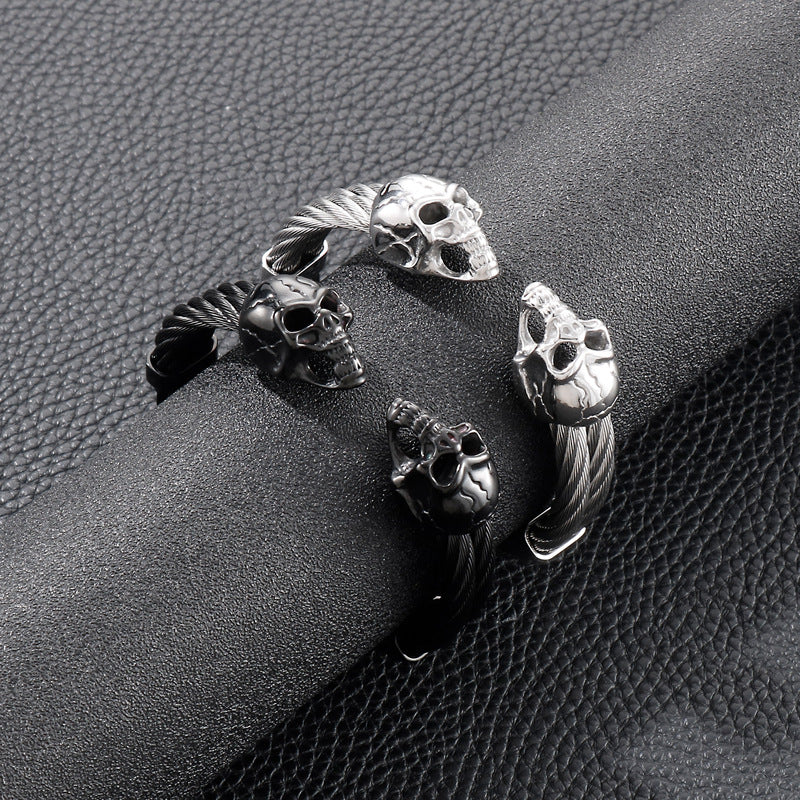 Punk Double Skull Steel Wire Men's Titanium Steel Bracelet