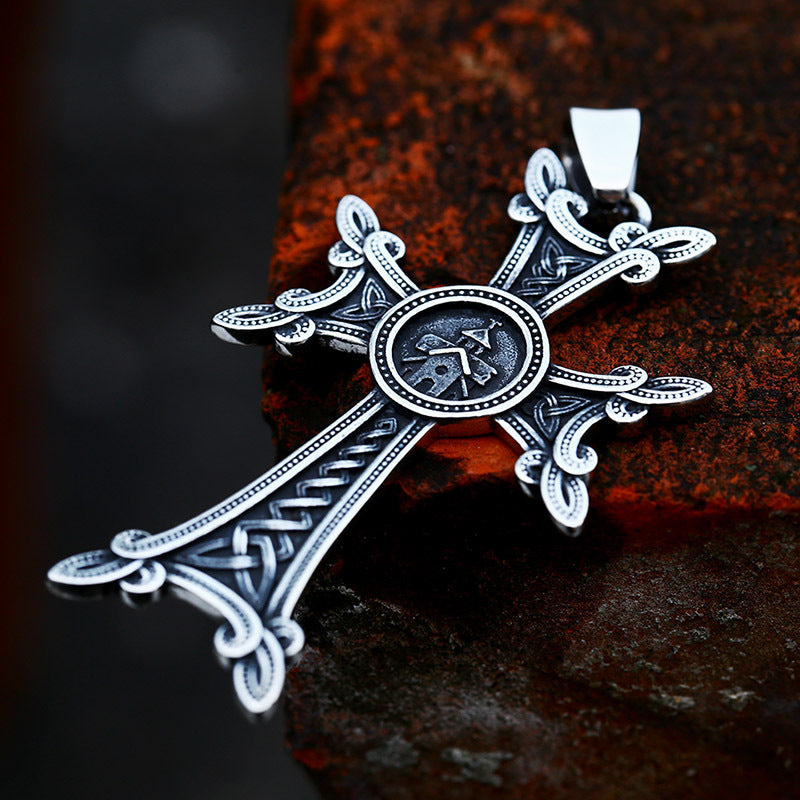 Titanium Steel Nordic Viking Cross Pendant with Celtic Knot Design for Men