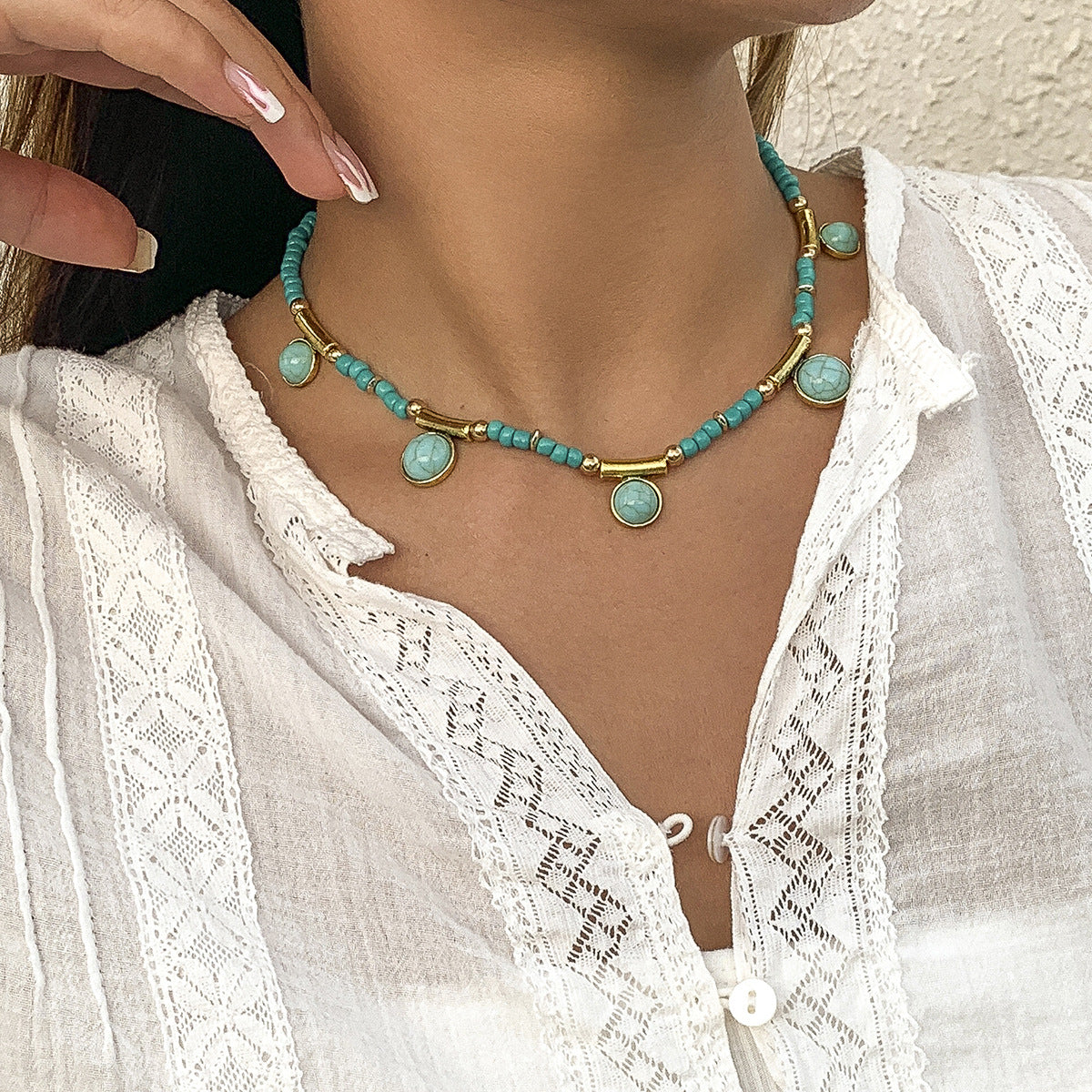 European and American Boho Turquoise Tassel Necklace with Colorful Beads and Alloy Pendant - Pastel Countryside Neckpiece