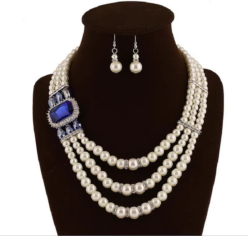 Exaggerated African Pearl Crystal Necklace Set with Multi-layer Chain - Savanna Rhythms Collection