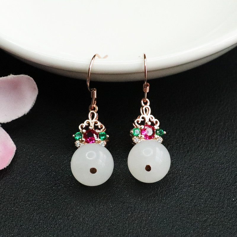 Sterling Silver Earrings with Natural Hotan White Jade and Colorful Zircon Insets
