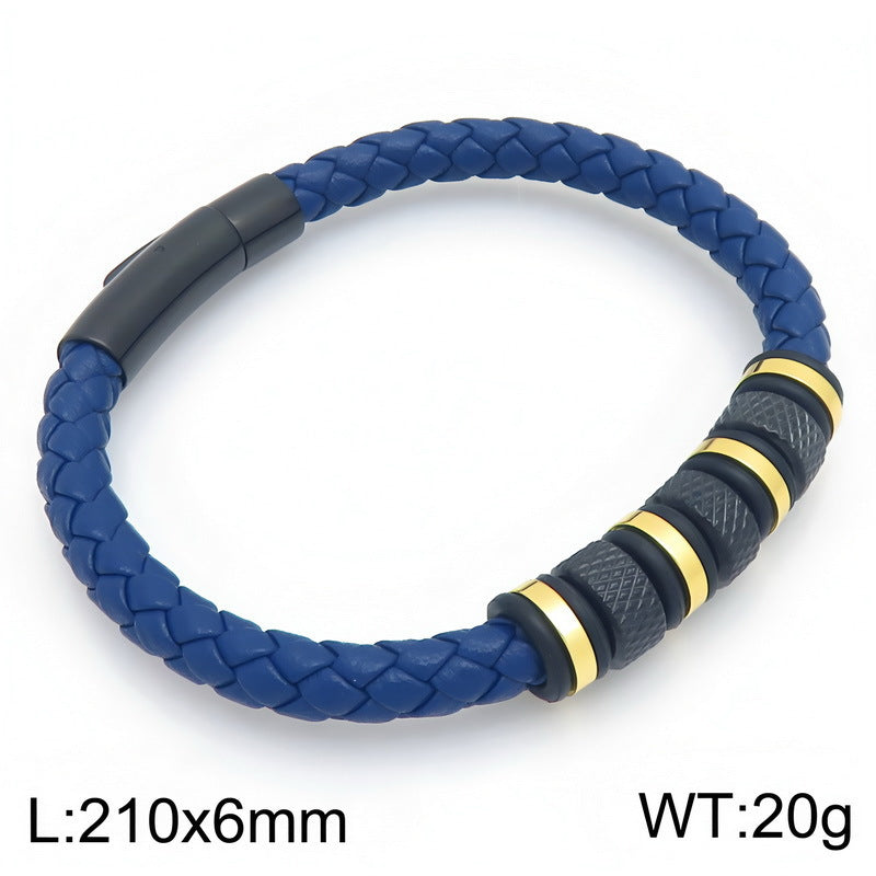 Rhombus Knurled Titanium Steel Ball Woven Microfiber Leather Magnetic Buckle Leather Bracelet