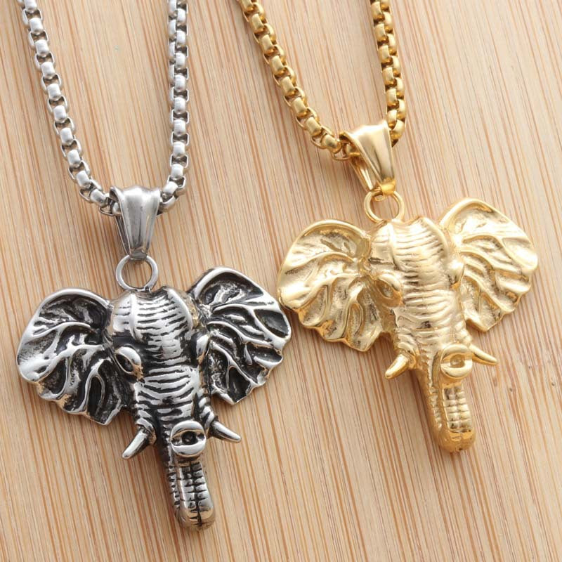Punk-Inspired Titanium Steel Elephant Head Pendant Necklace for Men - Retro Trendy Design